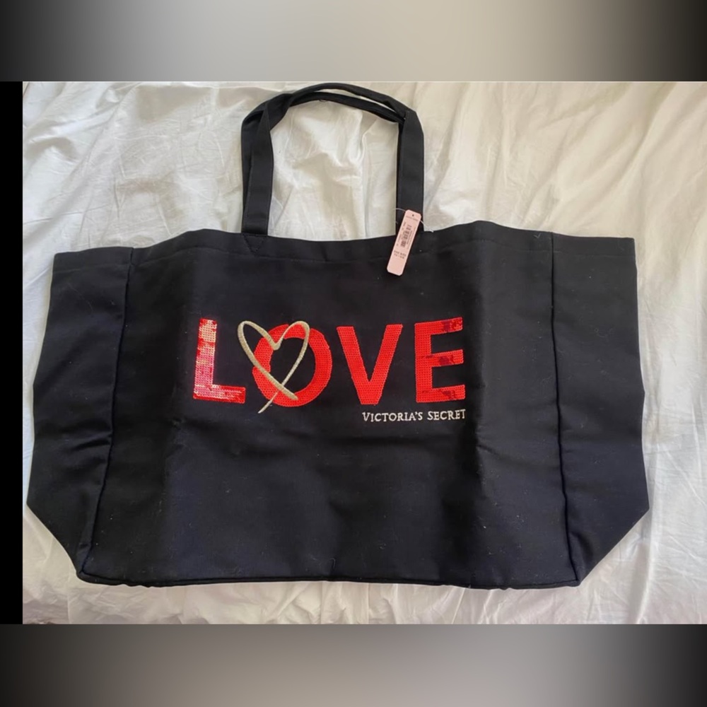 Victorias Secret Large Black Canvas Tote Bag Love Heart Red Sequins
NWT